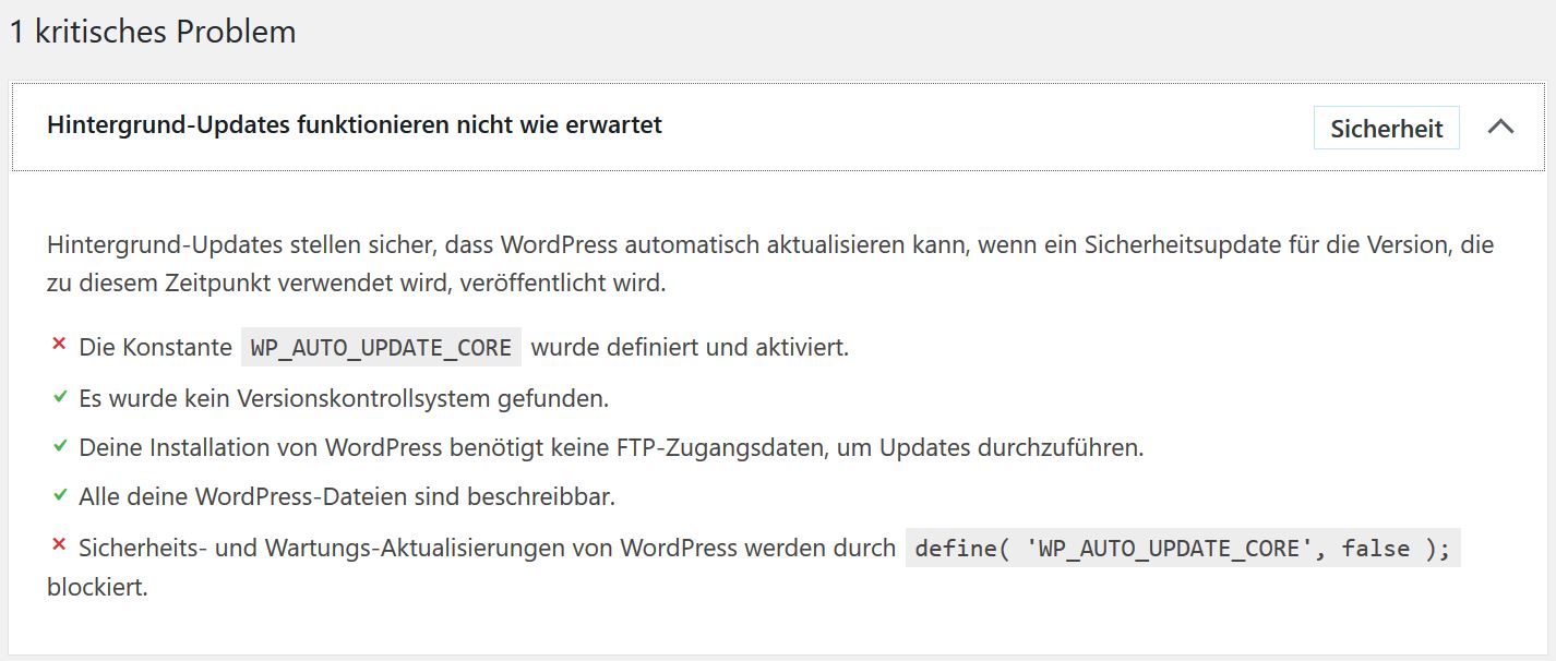 Screenshot: Detail-Ansicht der kritischen Problemmeldung des Website Health Checks für UHH-Blogs